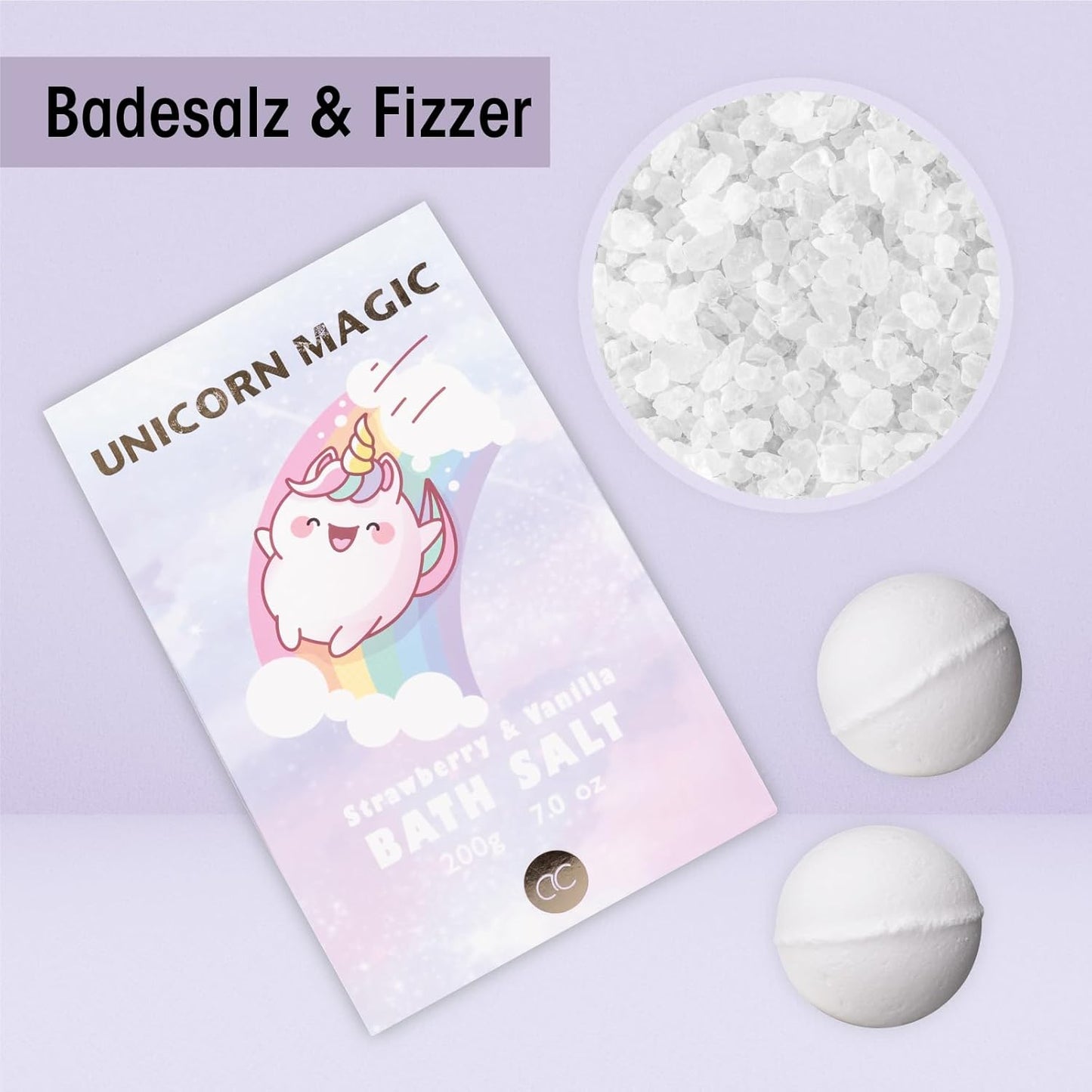 Conjunto de banho Accentra Unicorn Magic com sal de banho e efervescente com aroma de morango e baunilha