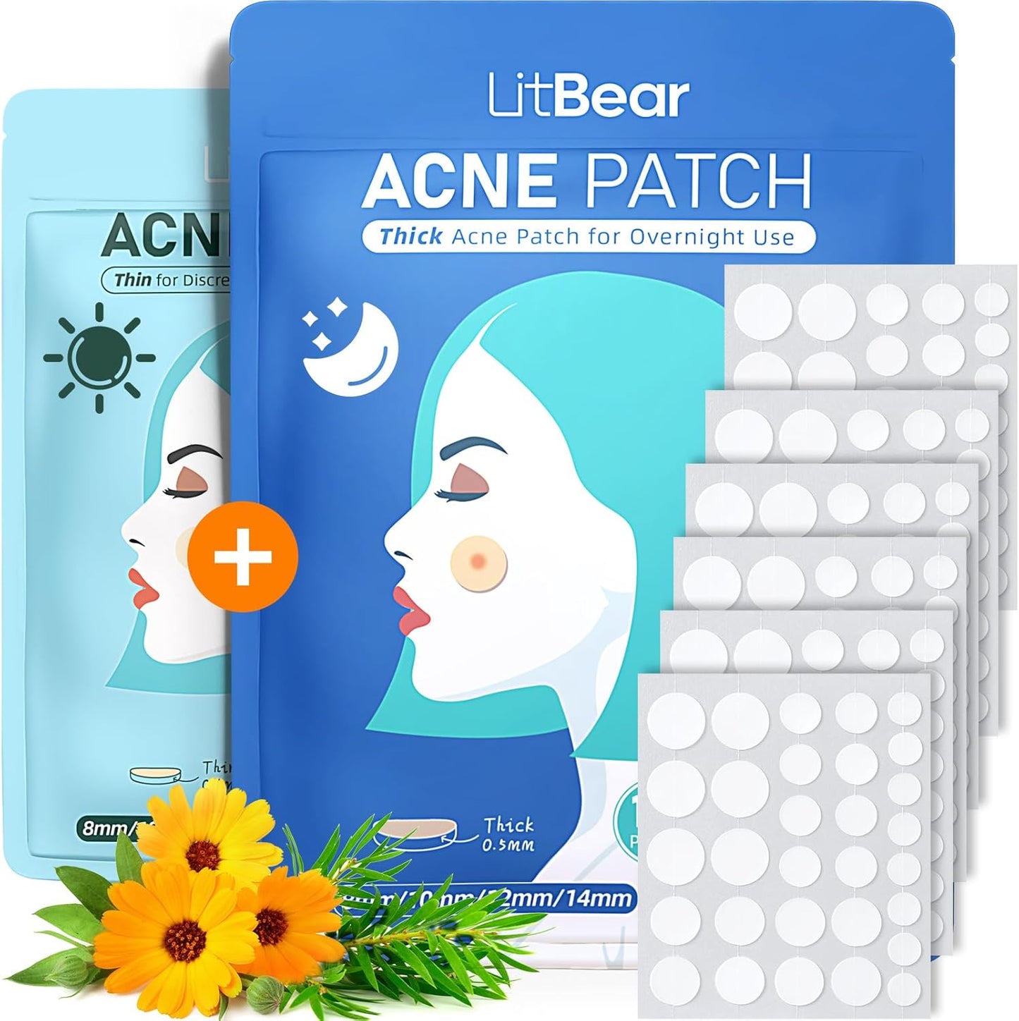 LitBear adesivos hidrocoloides para acne 4 tamanhos para dia e noite, 180 adesivos com hamamélis e óleo de tea tree