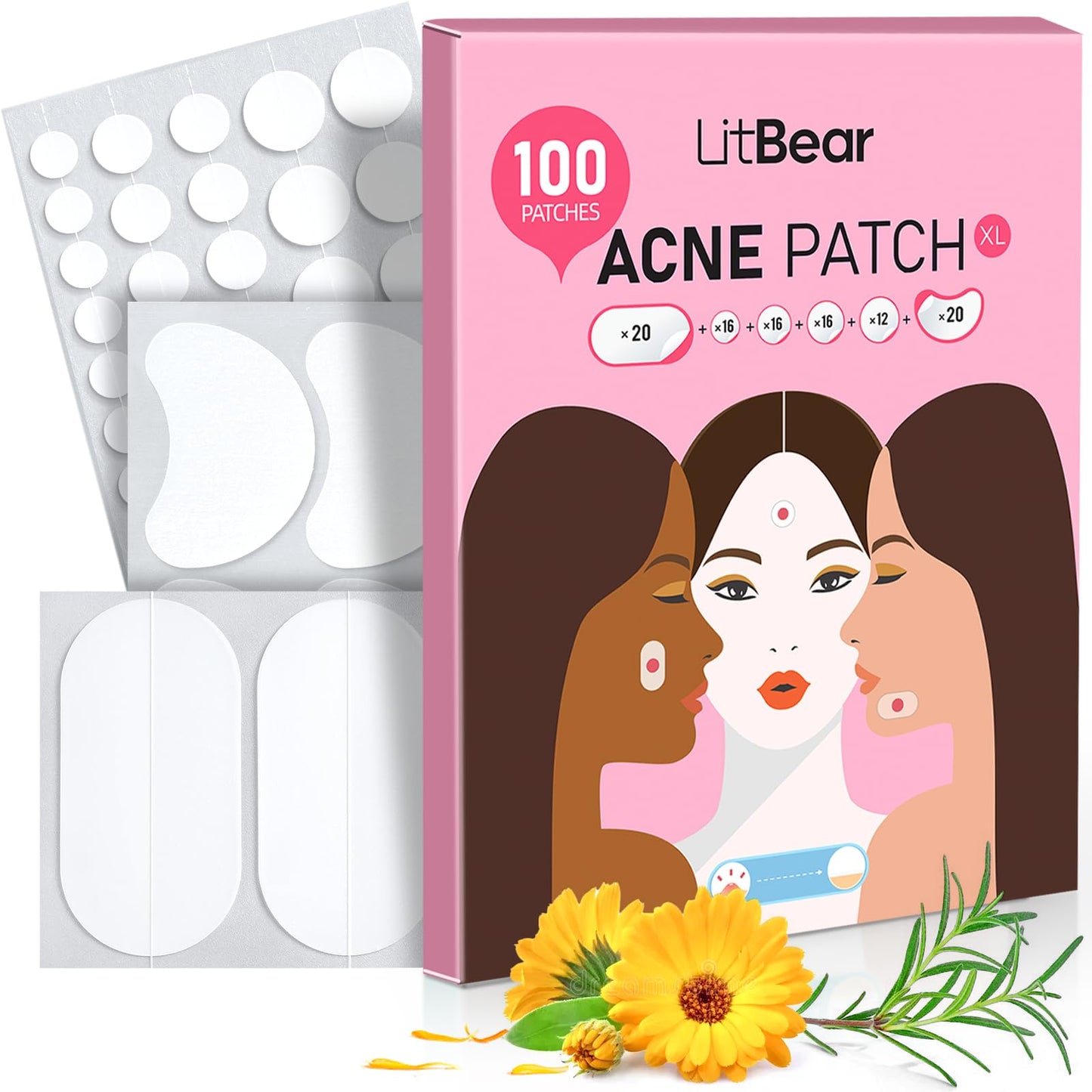 Adesivos para acne efeito rapido LitBear em 6 tamanhos com óleo de tea tree e calêndula para tratamento de espinhas