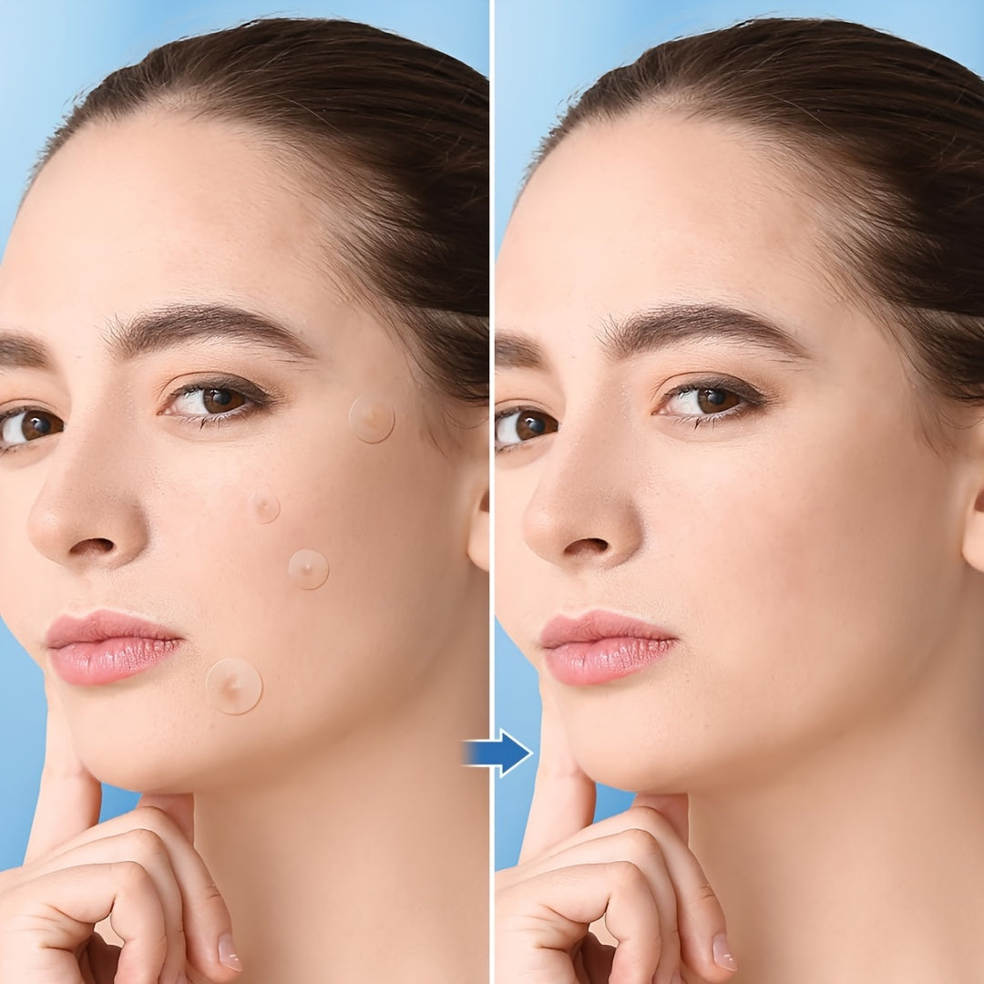 Adesivos para acne hidrocoloides em rosto feminino, mostrando aplicação e efeito para pele limpa
