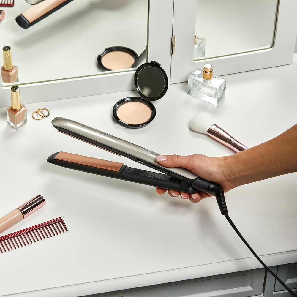 Alisador de cabelo profissional Remington com placas flutuantes extra longas, ideal para alisar cabelos com queratina e óleo de amêndoa.