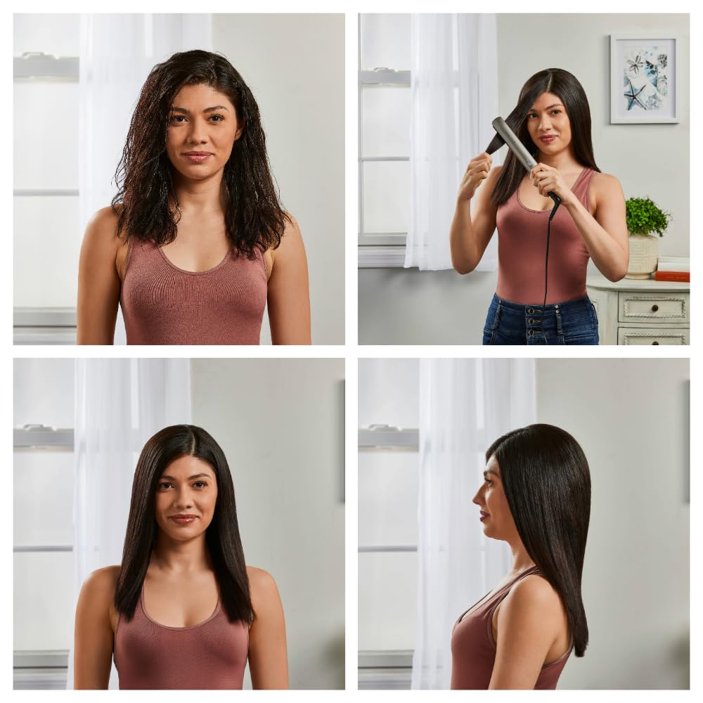 Alisador de cabelo profissional Remington em uso para obter cabelo liso e brilhante, antes e depois.