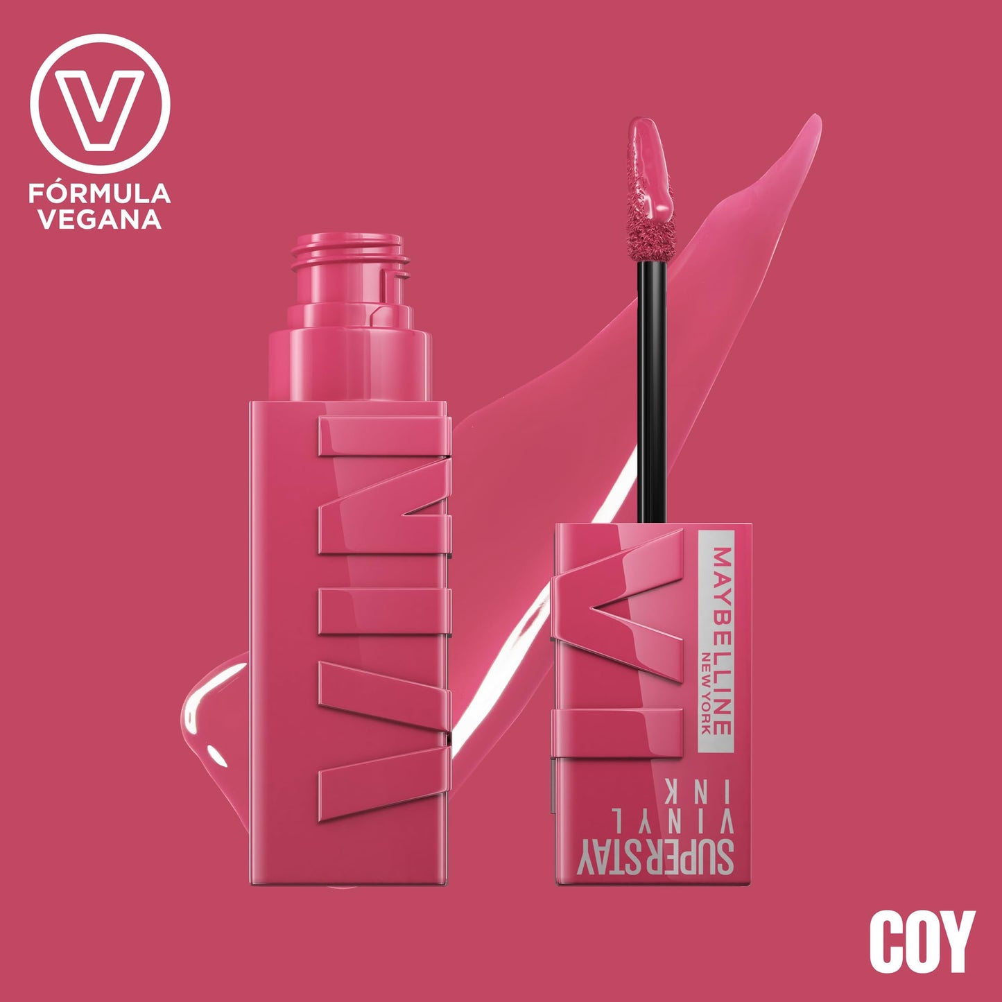 Batom efeito vinil Maybelline Superstay Vinyl Ink em tom Coy com aplicador e fórmula vegana