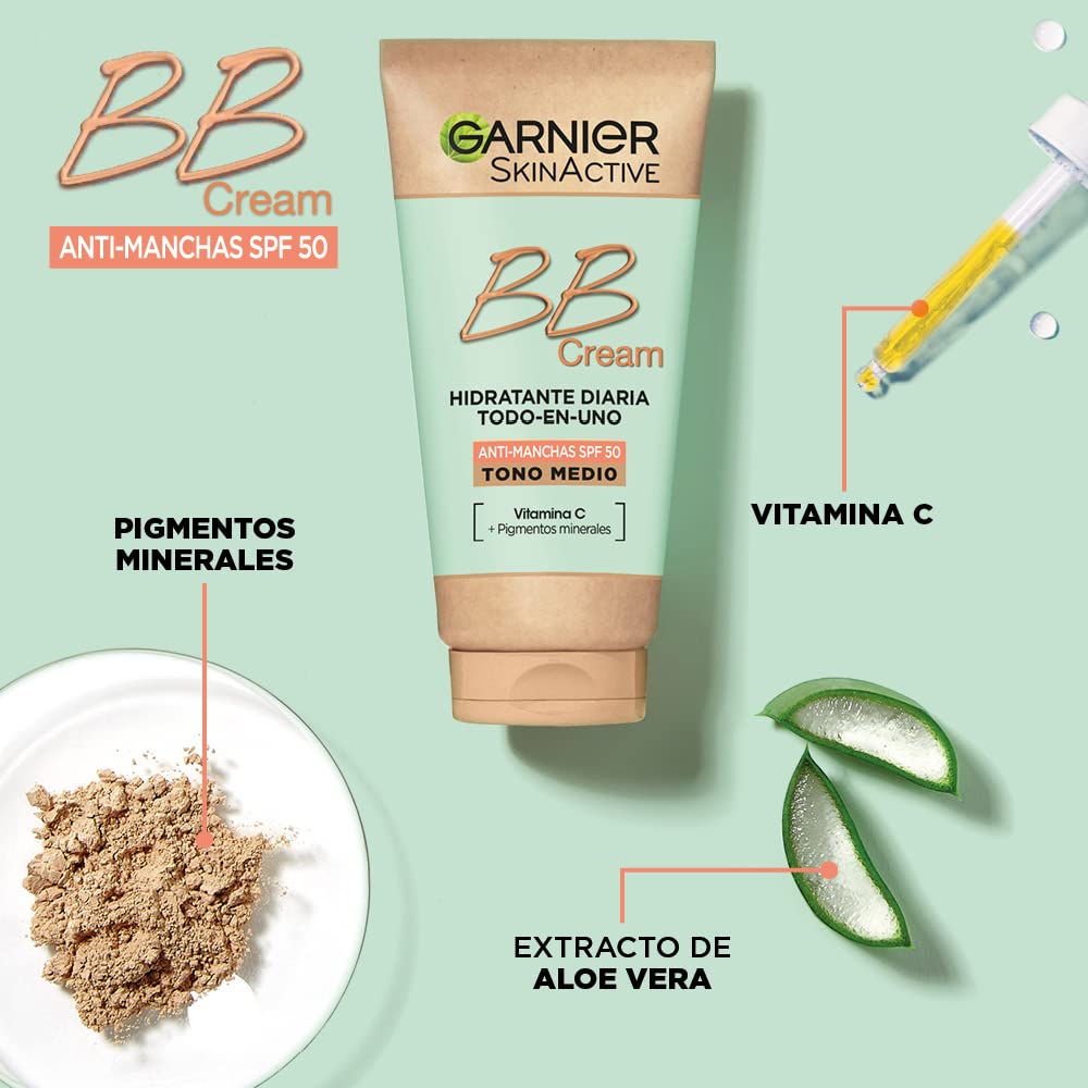 BB Cream anti-manchas Garnier com cor de tom médio, FPS 50, oferece hidratação e proteção à pele.