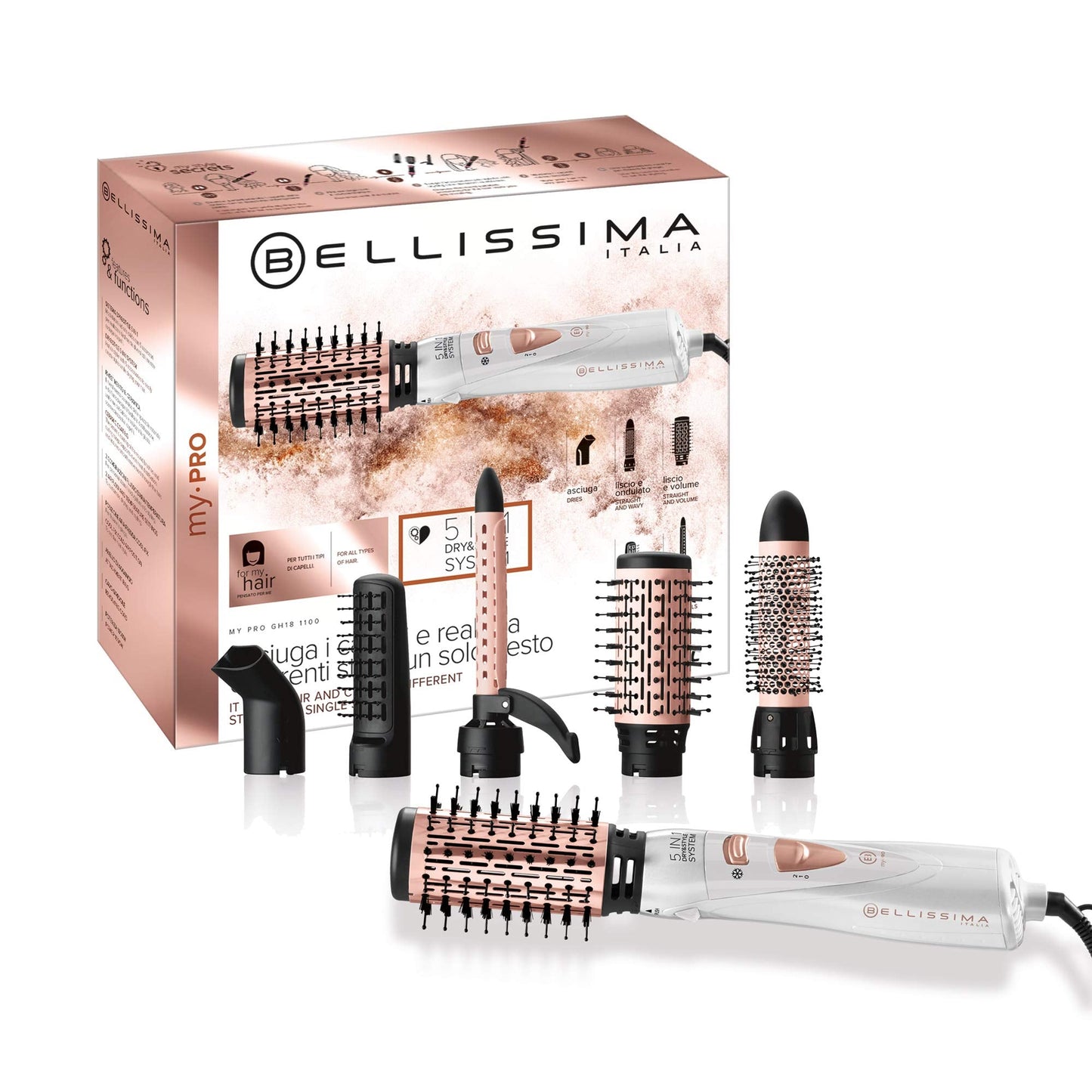 Escova modeladora Bellissima Imetec My Pro GH18 com 5 acessórios para cabelos lisos e cachos definidos