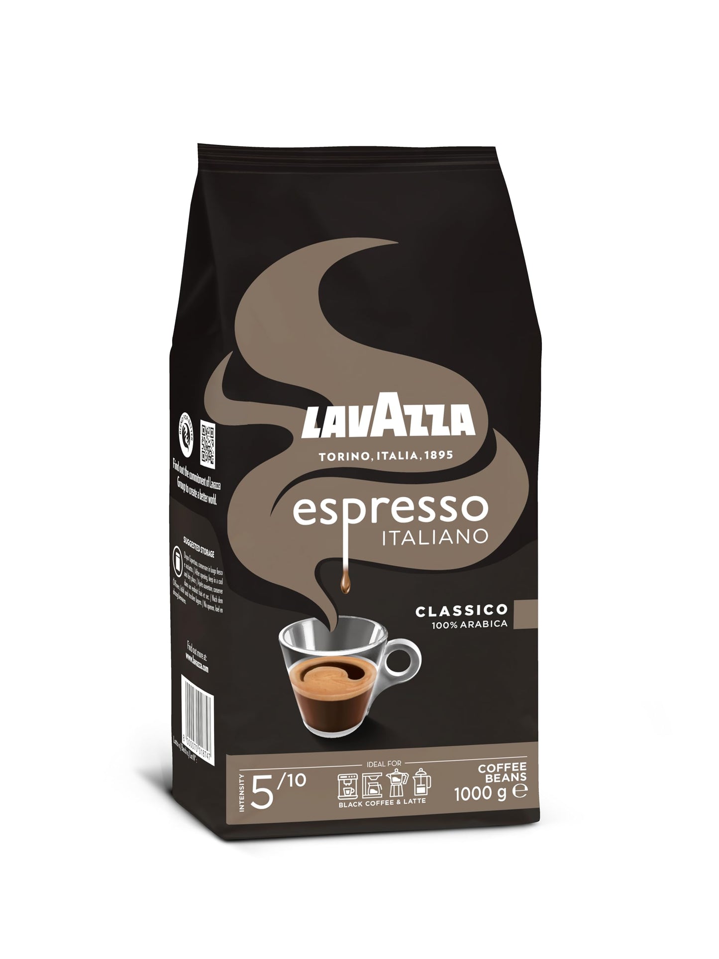 Café em grãos Lavazza Crema e Gusto Classico 1 kg, torrado escuro, intensidade 7, ideal para máquinas de café espresso