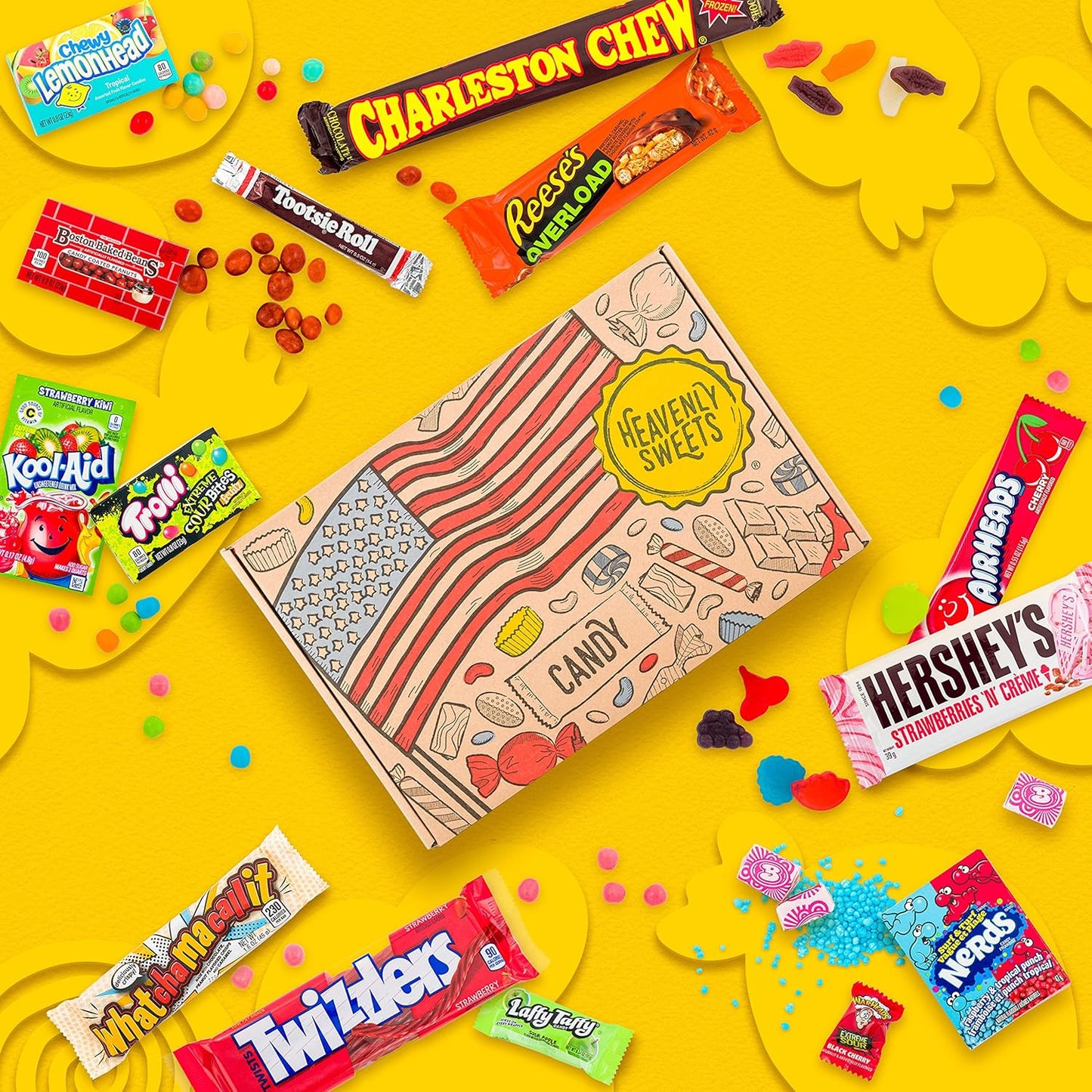 Caixa de doces americanos com variedade de guloseimas e chocolates em embalagem temática dos EUA