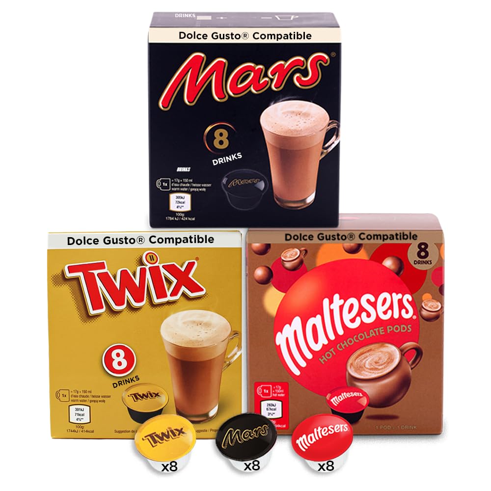 Cápsulas de cacau Dolce Gusto com sabores Mars, Twix e Maltesers, 24 unidades para bebidas quentes