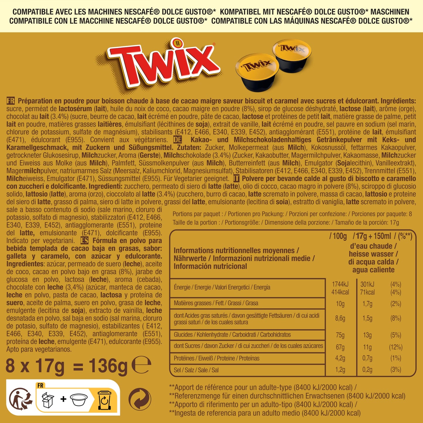 24 cápsulas de cacau Dolce Gusto com sabores Mars, Twix e Maltesers para chocolate quente