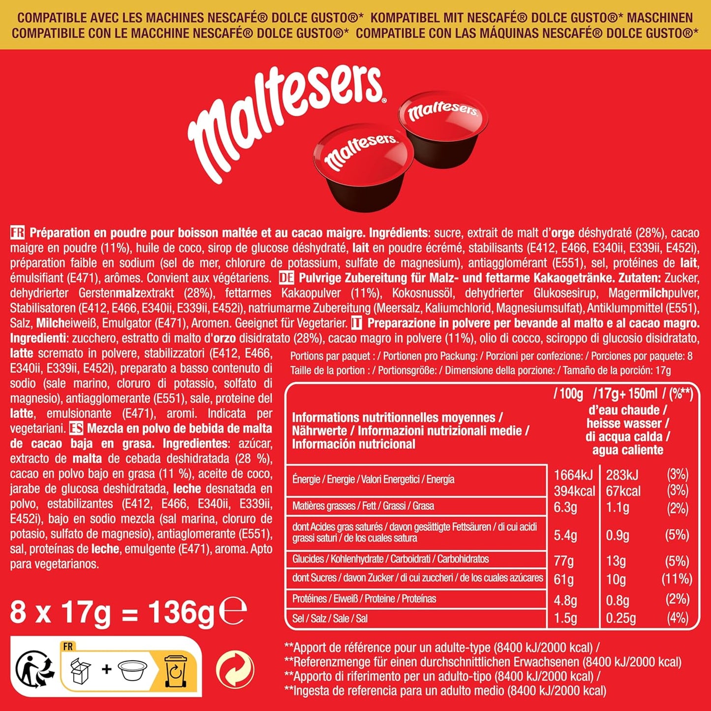 Cápsulas de chocolate quente compatíveis para Dolce Gusto, sabores Mars, Twix e Milkyway, 24 unidades