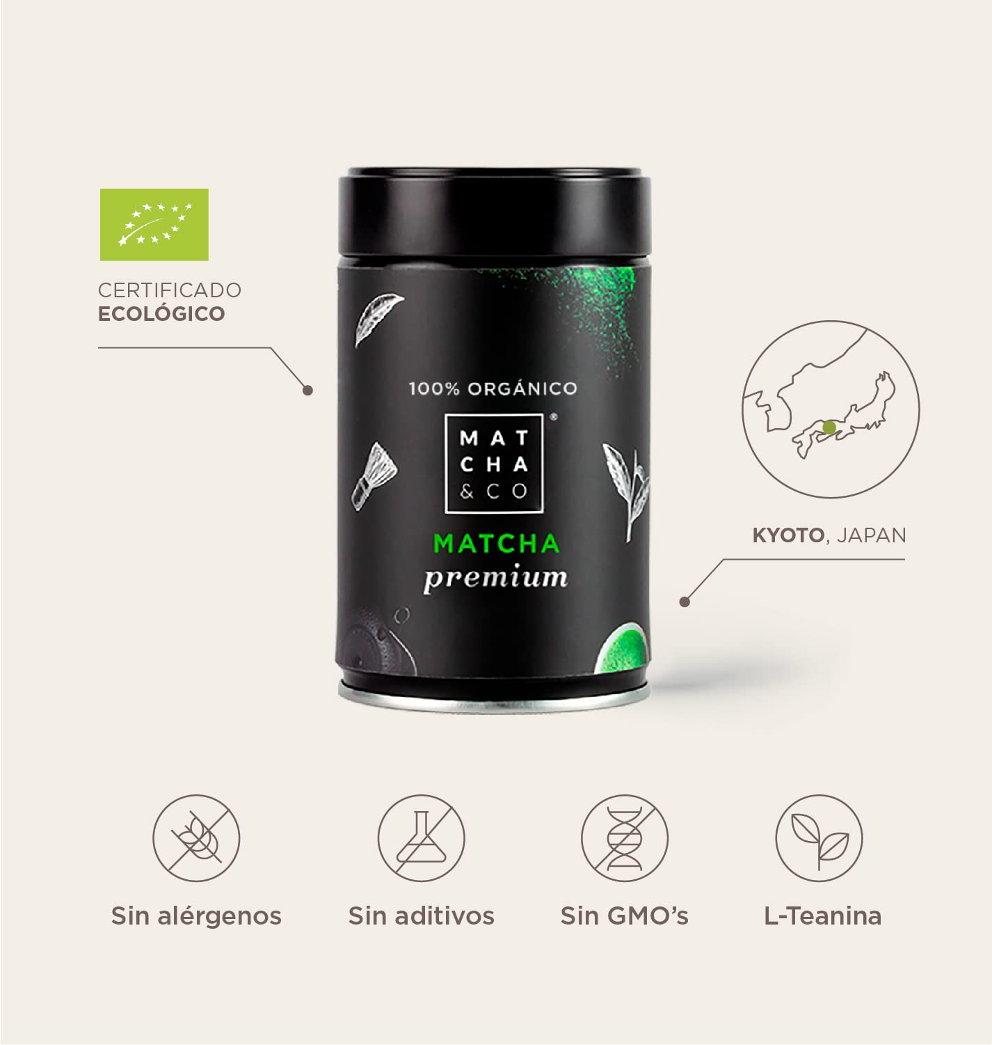 Embalagem do Chá Matcha & CO 100% Chá Matcha Orgânico, com selo de certificação, direto do Japão.