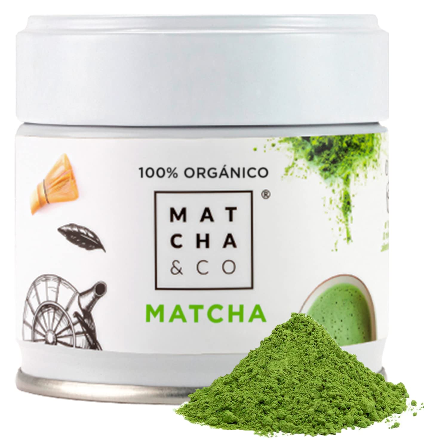 Chá Matcha verde em pó grau cerimonial 100% orgânico em embalagem de 30g da marca Matcha & Co.