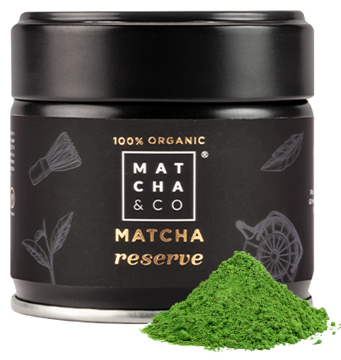 Chá Matcha verde em pó grau cerimonial 100% orgânico sem aditivos com embalagem elegante