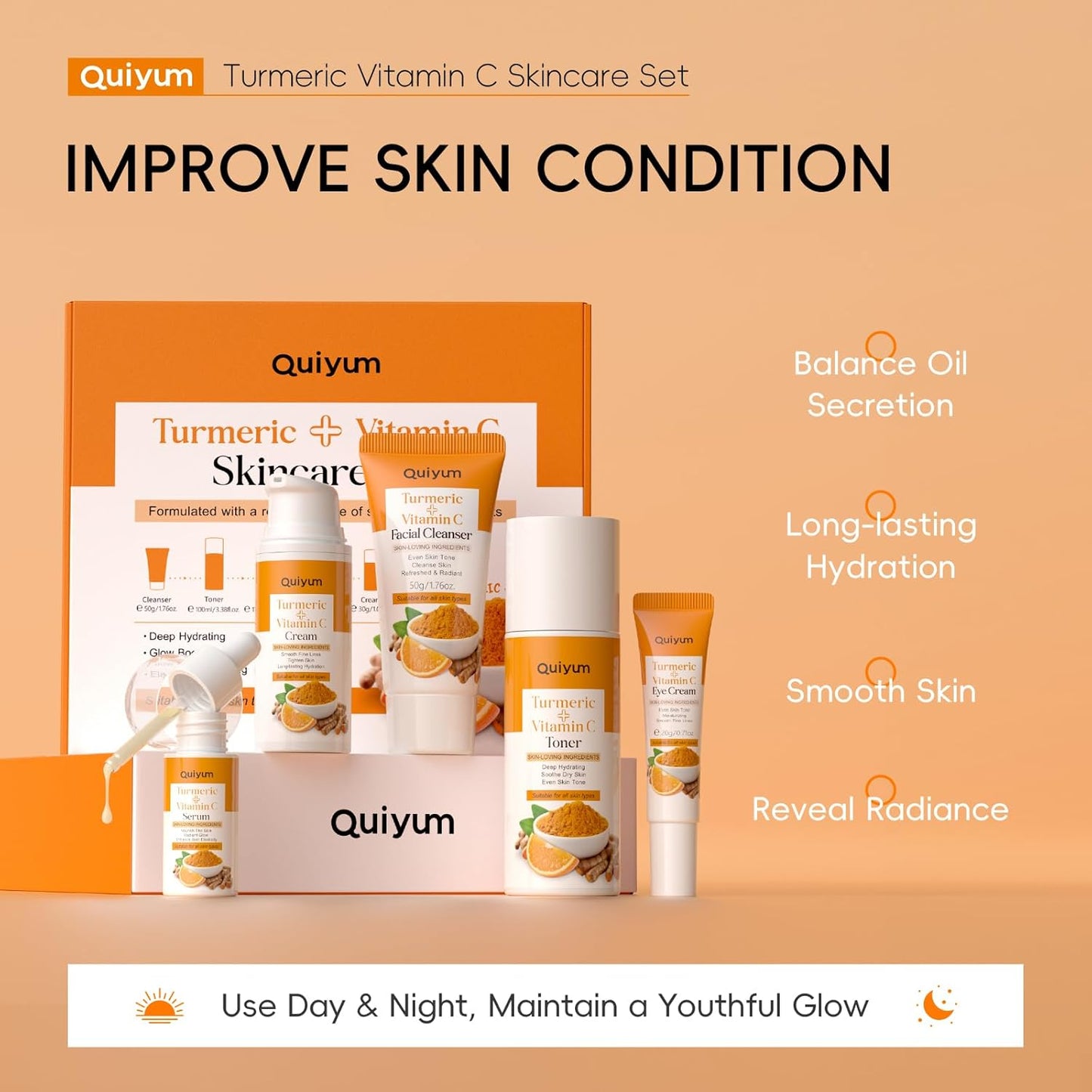 Conjunto de cuidados com a pele curcuma com 5 peças incluindo leite de limpeza e creme facial para uma pele radiante