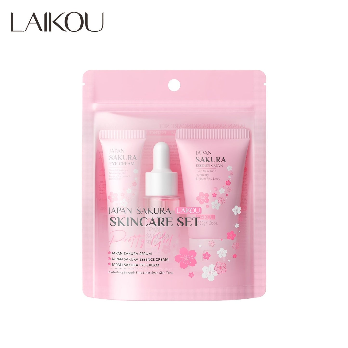 Conjunto de cuidados com a pele Laikou com soro, creme para os olhos e creme facial com flor de cerejeira