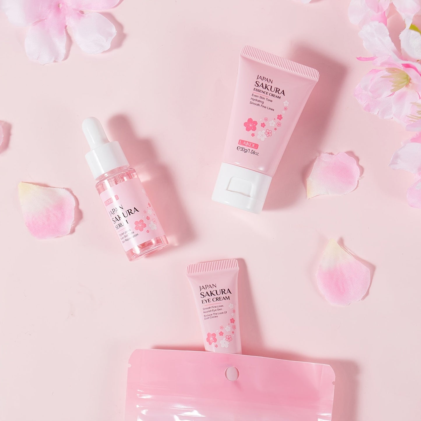 Conjunto de cuidados com a pele Laikou com soro, creme para os olhos e creme facial em embalagem rosa