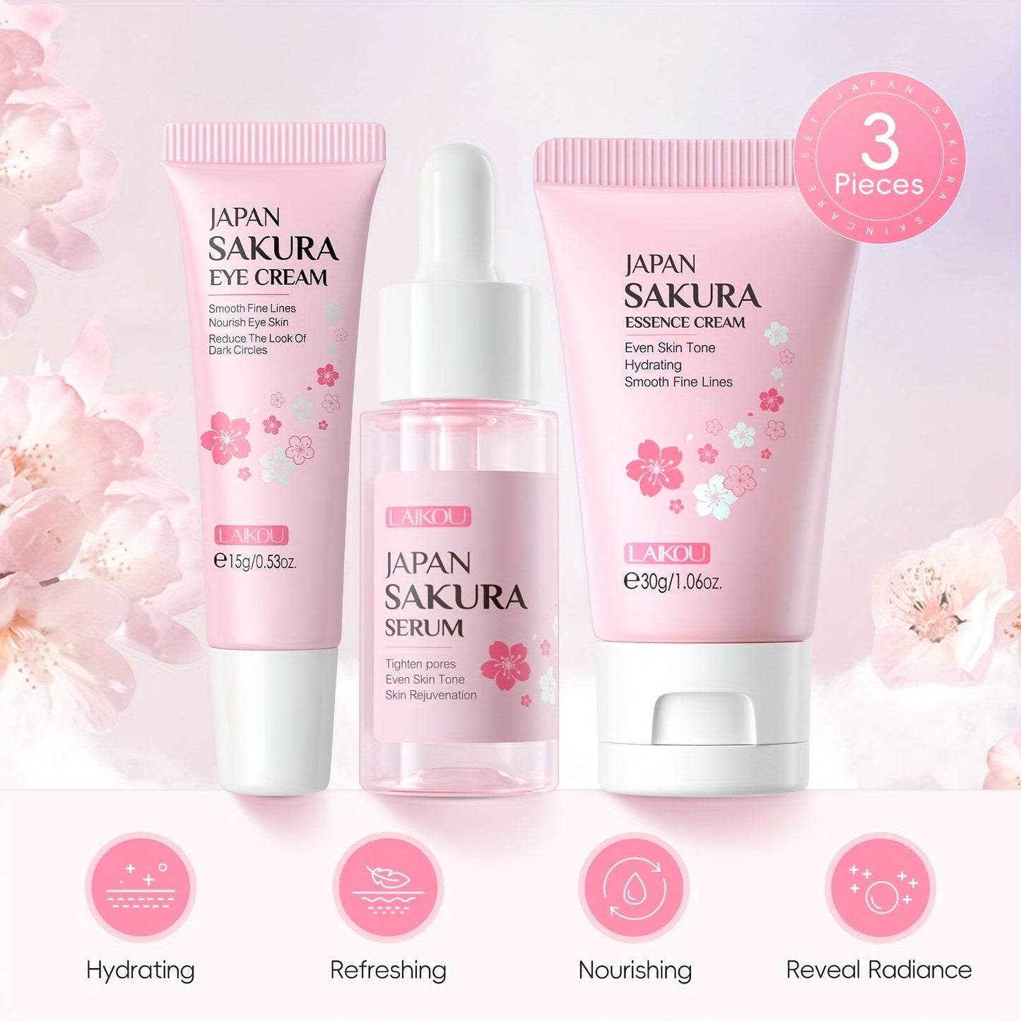 Conjunto de cuidados com a pele Laikou com creme para os olhos, soro e creme facial em embalagem rosa com flores de cerejeira
