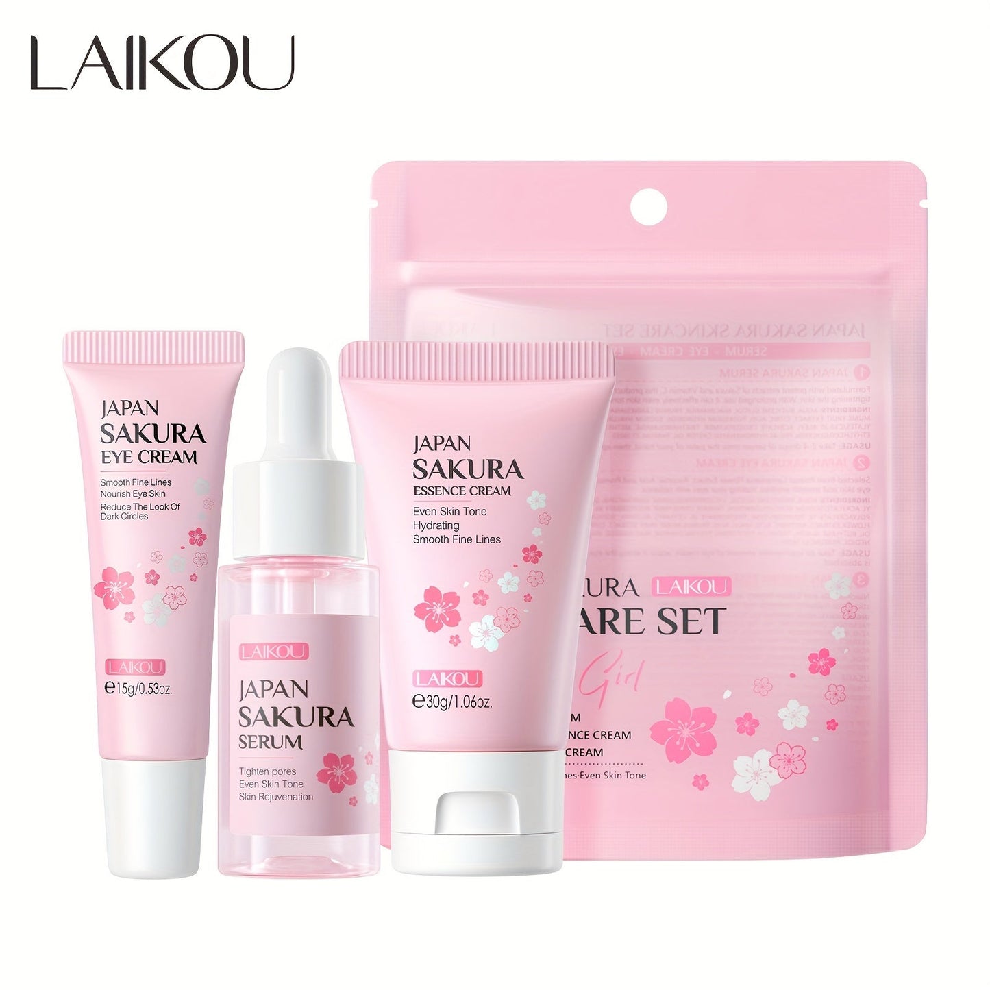 Conjunto de cuidados com a pele Laikou com soro, creme para os olhos e creme facial com extrato de flor de cerejeira