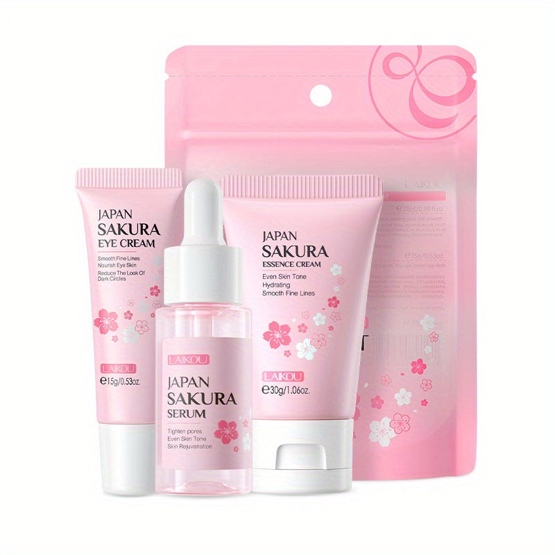 Conjunto de cuidados com a pele Laikou com soro, creme facial e creme para os olhos com flor de cerejeira.