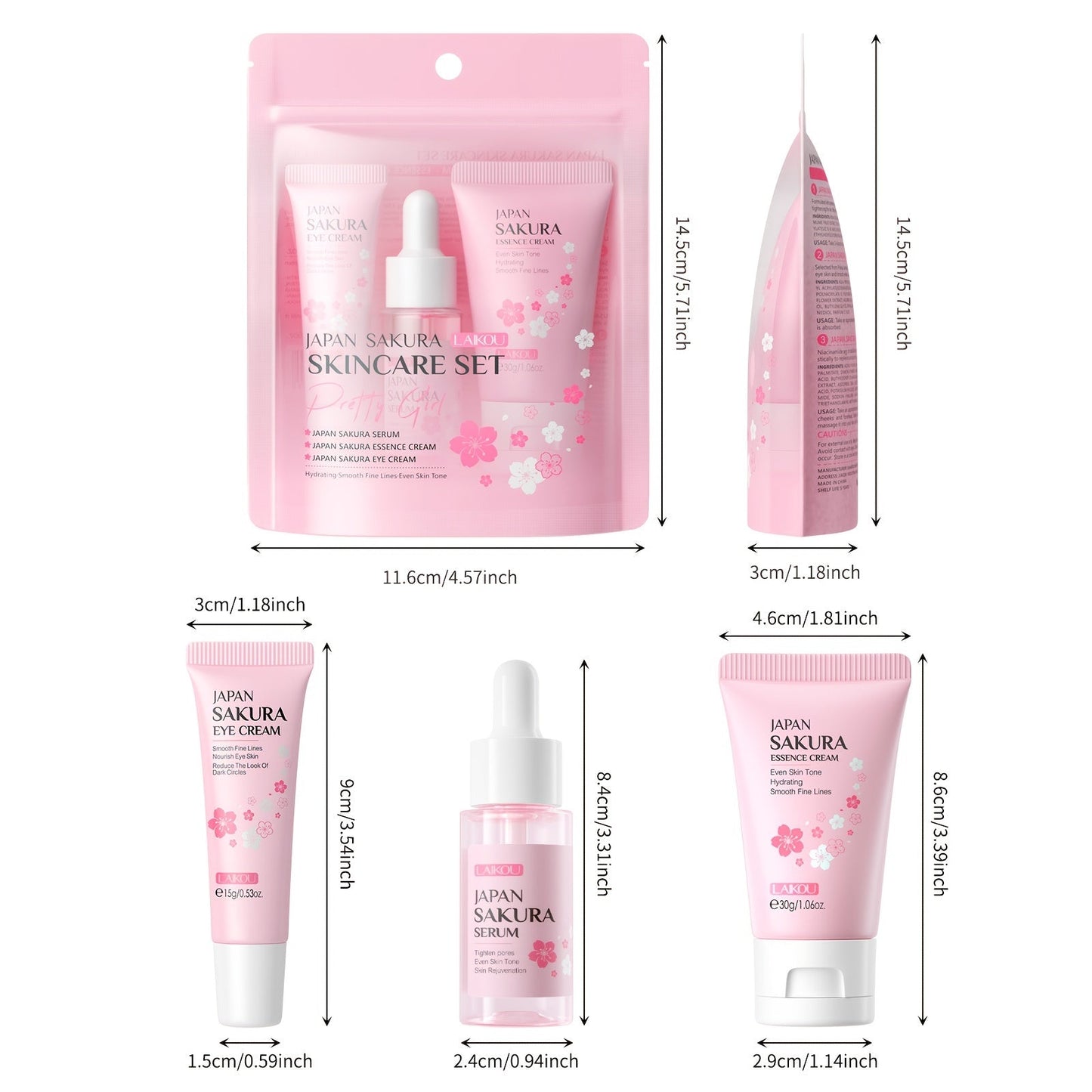 Conjunto de cuidados com a pele Laikou em embalagem rosa com soro, creme para os olhos e creme facial