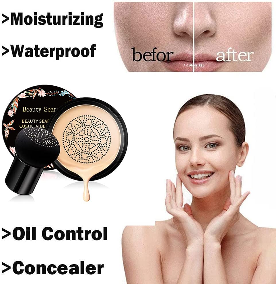 Corretivo CC cream hidratante com almofada de ar e esponja, antes e depois de aplicação