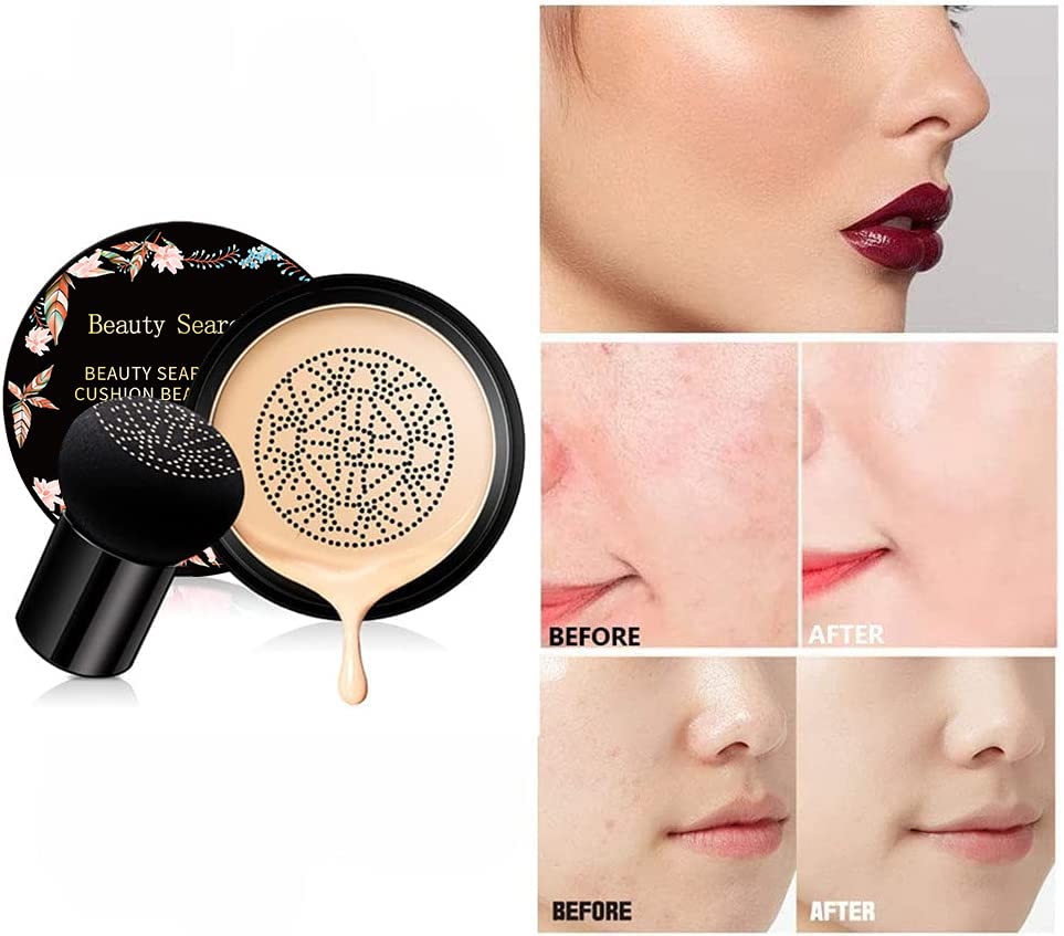Corretivo CC cream hidratante com almofada de ar, esponja e resultados antes e depois em pele