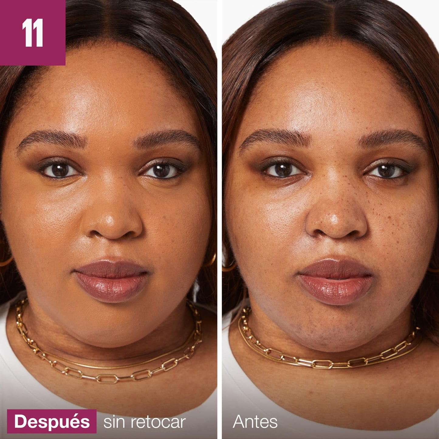 Comparação mostrando o efeito do corretor de olheiras Maybelline em antes e depois na pele de uma mulher