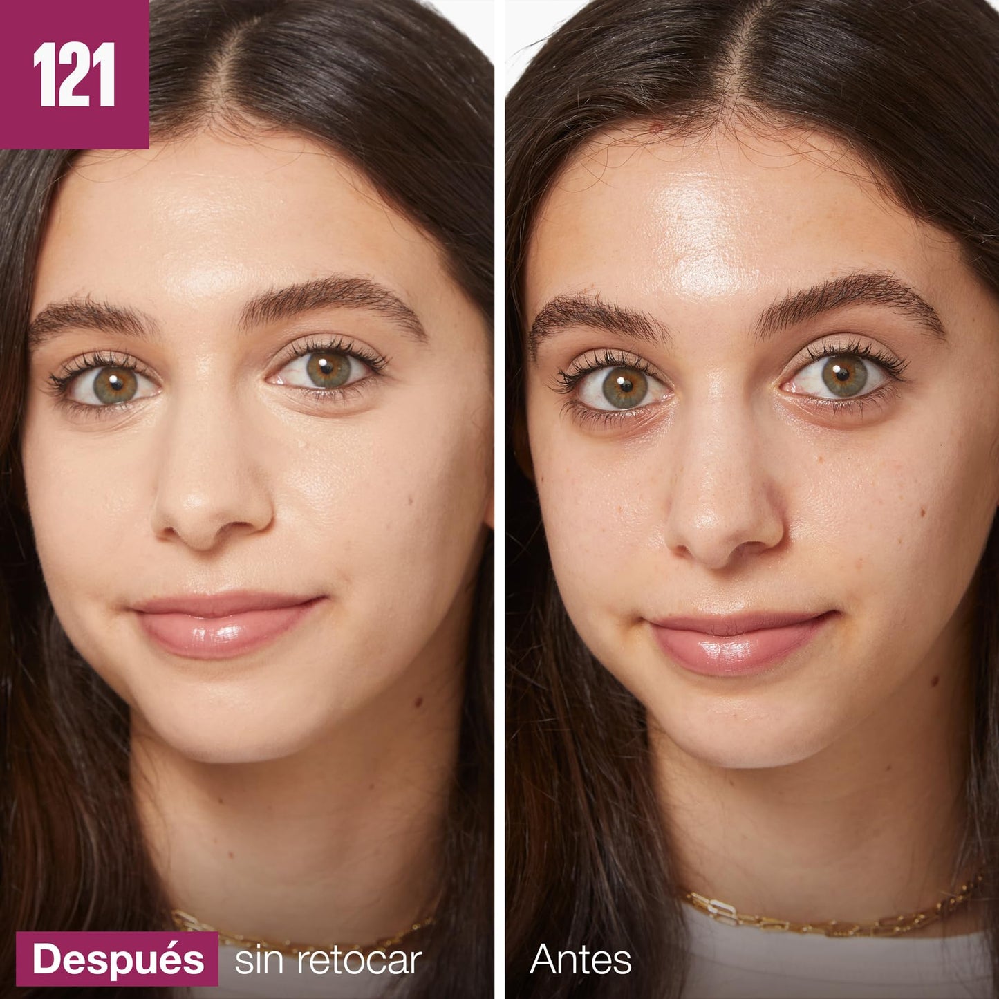 Corretor de olheiras Maybelline Instant Anti-Age em uso, comparando antes e depois na pele clara.