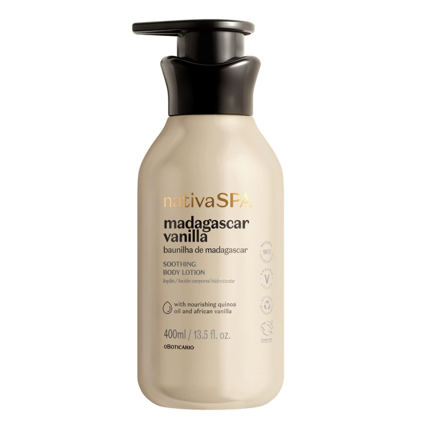 Creme corporal hidratante Nativa SPA de Baunilha Madagascar com 400 ml e gotas de quinoa para hidratação intensa