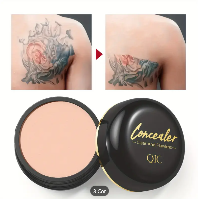 Creme corretivo QIC de cobertura total à prova d'água em embalagem, antes e depois de tatuagem coberta
