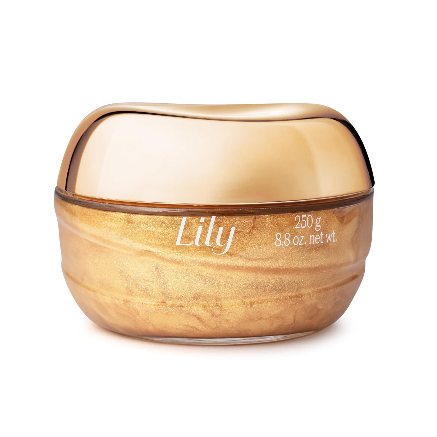 Creme hidratante O Boticário Lily Satin em embalagem dourada, 250 g, com fragrância prolongada e 48 horas de hidratação.