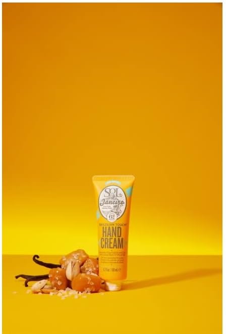 Creme hidratante para mãos Sol de Janeiro de 50 ml com ingredientes naturais em fundo amarelo vibrante