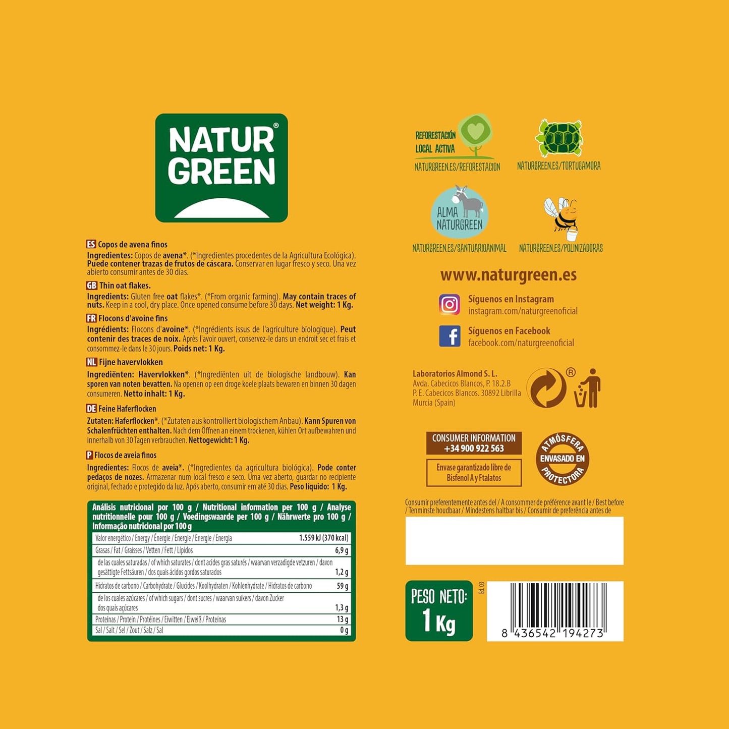 Flocos de aveia sem glúten BIO NaturGreen de 1 kg, produto ecológico e sem lactose para dietas saudáveis