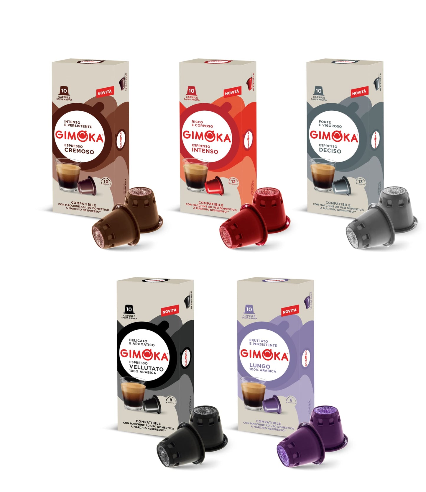Kit degustação café Nespresso com 5 variedades de café Gimoka, intensidades entre 6 e 13, produzido na Itália