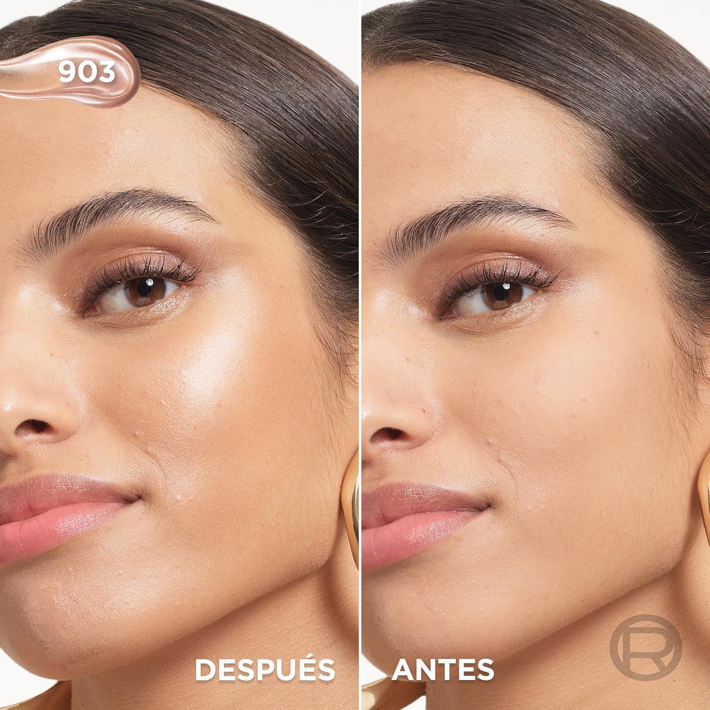 L'Oreal Paris Lumi Glotion fórmula iluminadora aplicada no rosto, mostrando efeito antes e depois