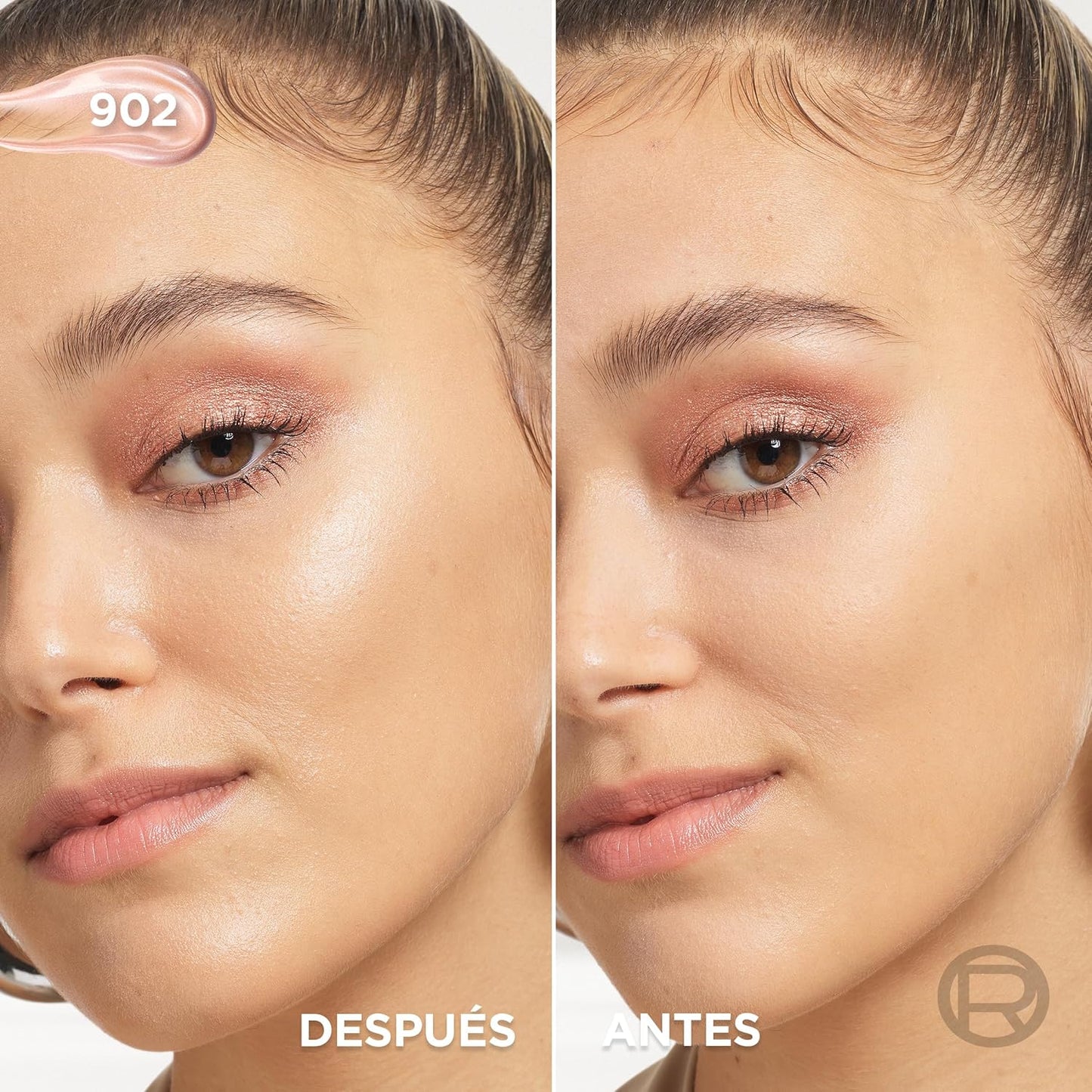 L'Oreal Paris Lumi Glotion fórmula iluminadora aplicada no rosto, mostrando efeito brilhante e radiante antes e depois