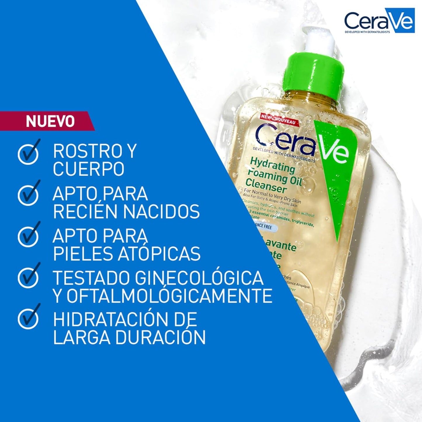 Óleo de limpeza espumante CeraVe 473 ml, limpeza hidratante para rosto e corpo, ideal para pele atópica.