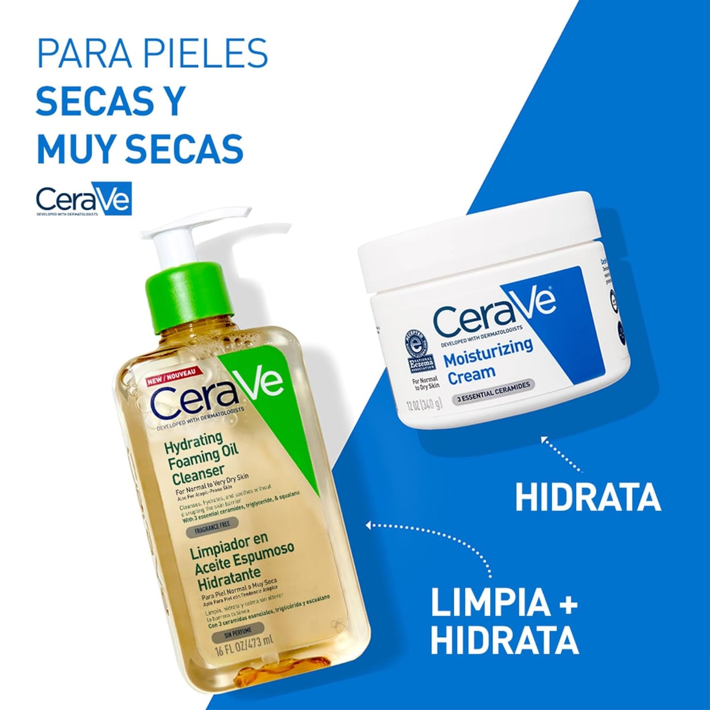 Óleo de limpeza espumante CeraVe 473 ml, ideal para pele normal e muito seca, com ácido hialurônico