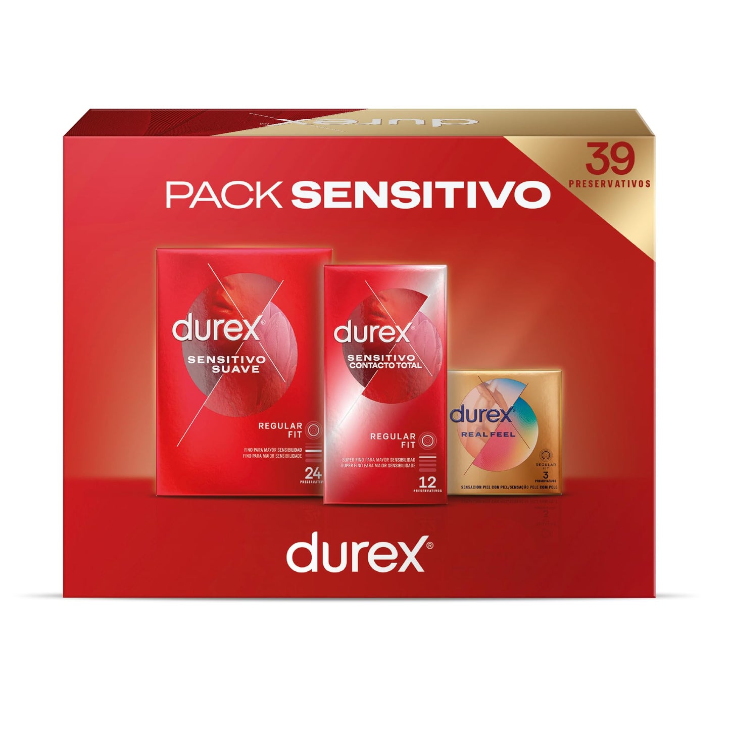 Pacote de preservativos Durex com 39 unidades incluindo Soft Sensitive, Sensitive Total Contact e Real Feel