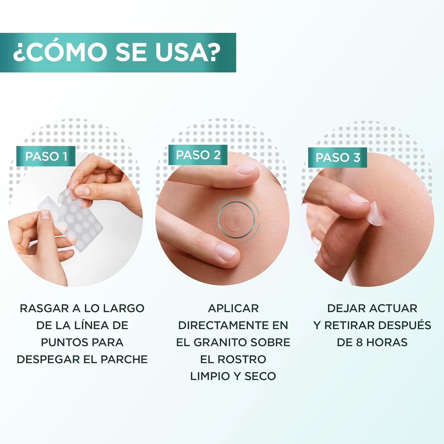 Patches hidrocoloides para acne Garnier com instruções de uso, mostrando etapas de aplicação
