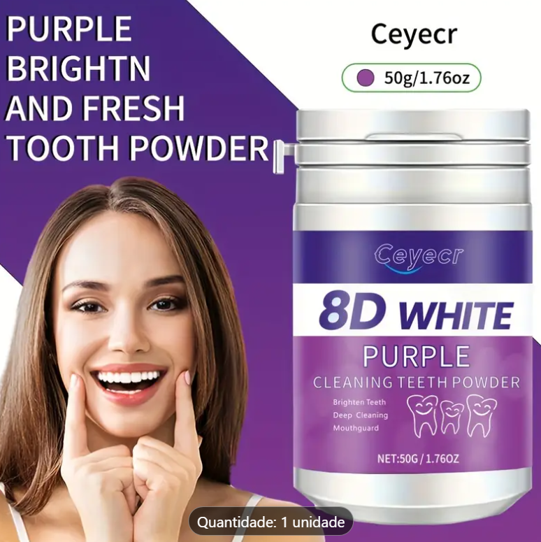 Pó Clareador de Dentes Eficaz para Limpeza Profunda com embalagem com modelo sorrindo