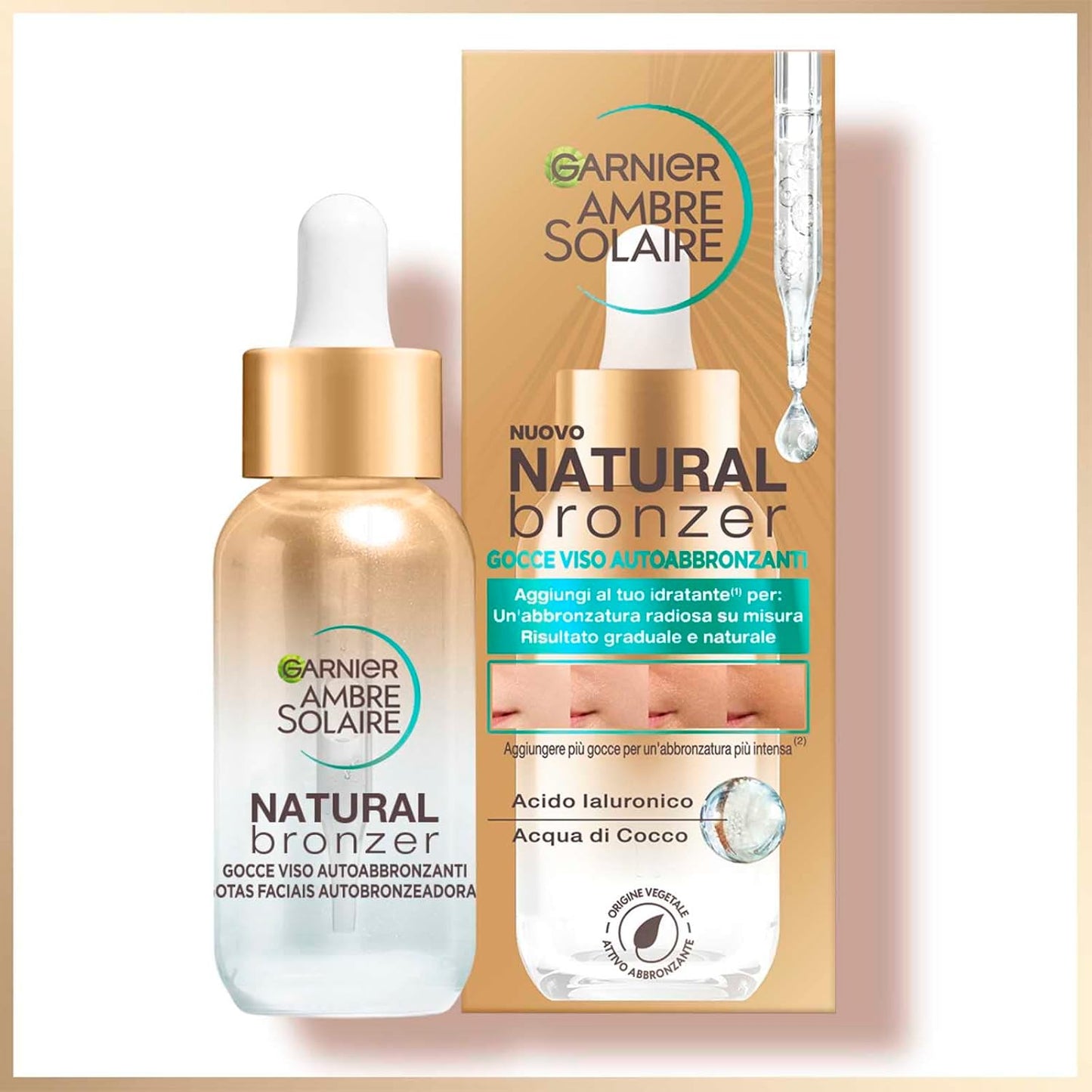 Garnier Ambre Solaire Natural Bronzer gotas faciais autobronzeadoras, produto vegano para bronzeamento facial Garnier