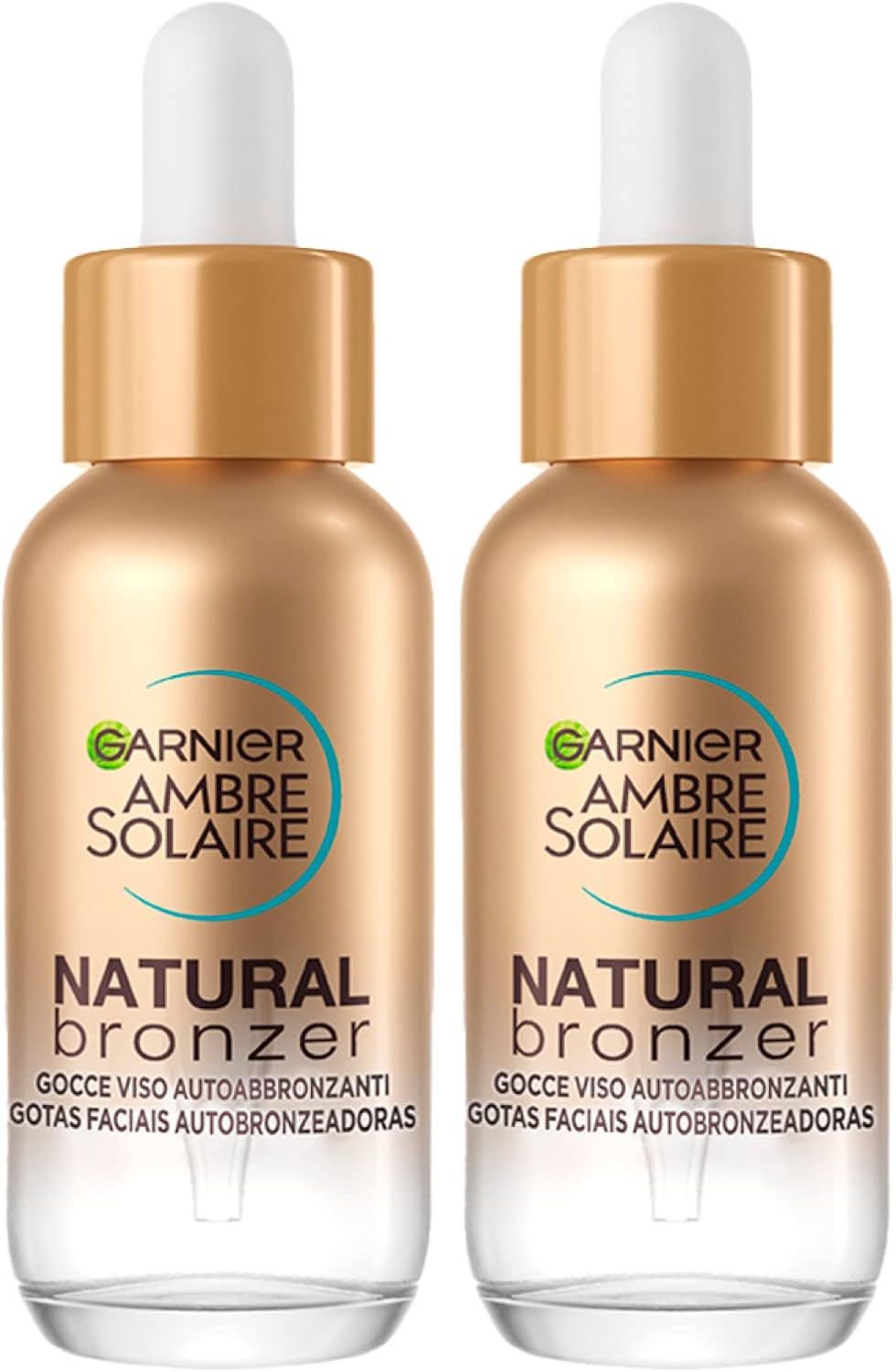 Produto vegano para bronzeamento facial Garnier em frascos de 30 ml, com gotas autobronzeadoras de origem vegetal.