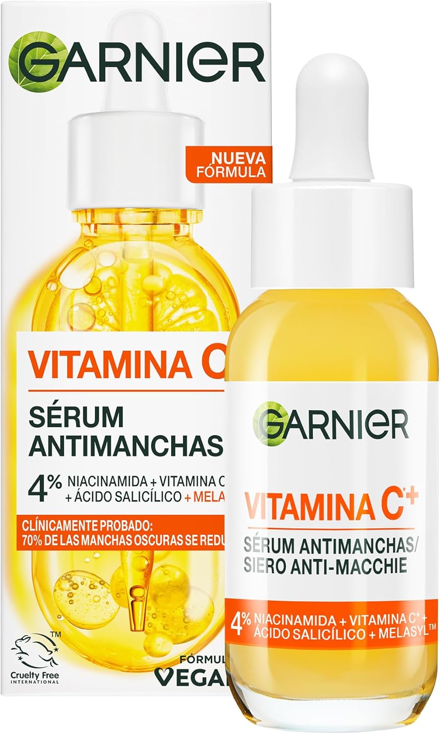 Sérum antimanchas Garnier com 4% de Vitamina C e Niacinamida, reduzindo manchas escuras em 6 dias