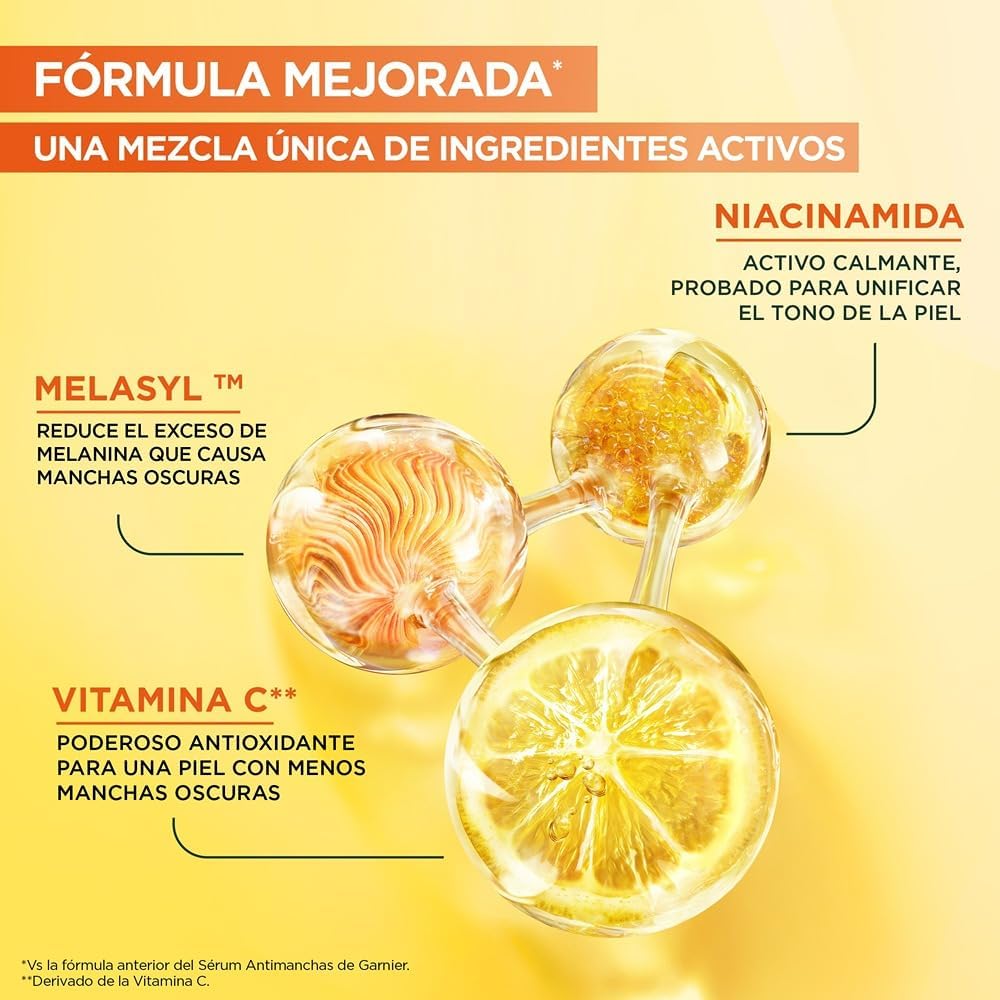 Sérum antimanchas Garnier com nova fórmula que combina Vitamina C, Niacinamida e Melasyl para pele iluminada