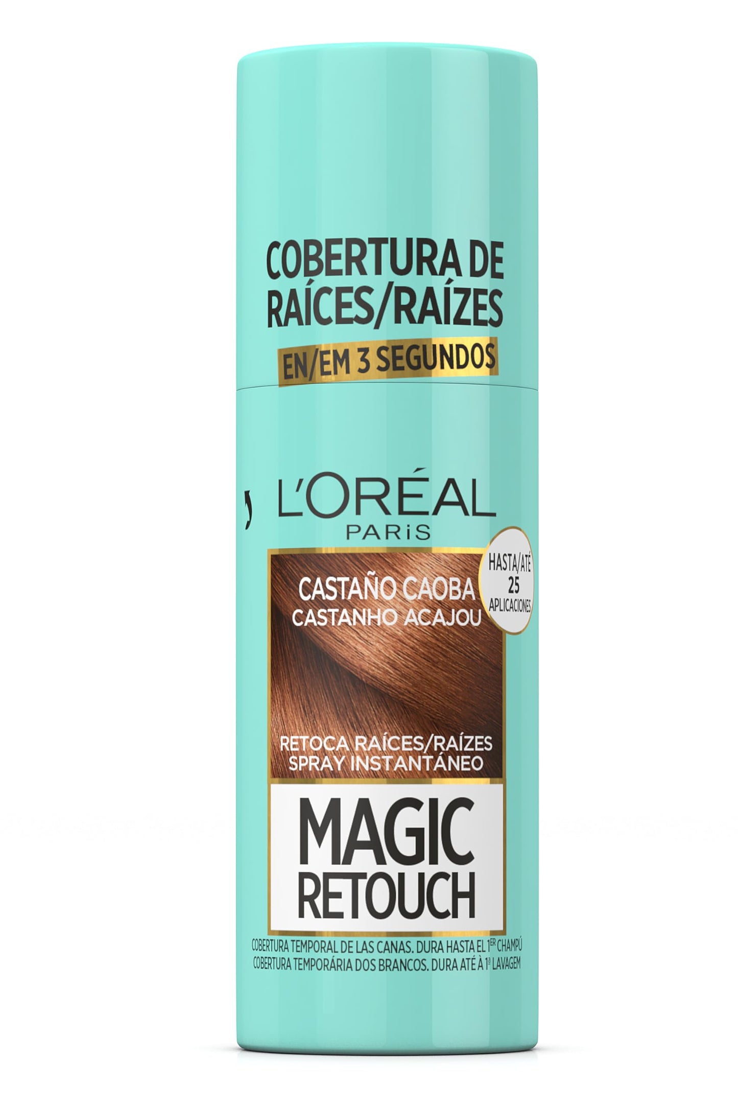 Spray retoca raízes L'Oreal Paris Magic Retouch na embalagem azul, ideal para cobrir cabelos grisalhos rapidamente