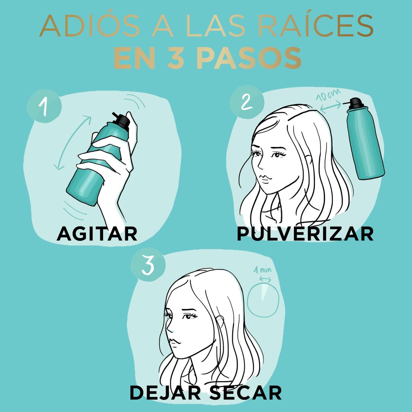 Instruções para usar o spray retoca raízes L'Oreal em três passos: agitar, pulverizar e deixar secar