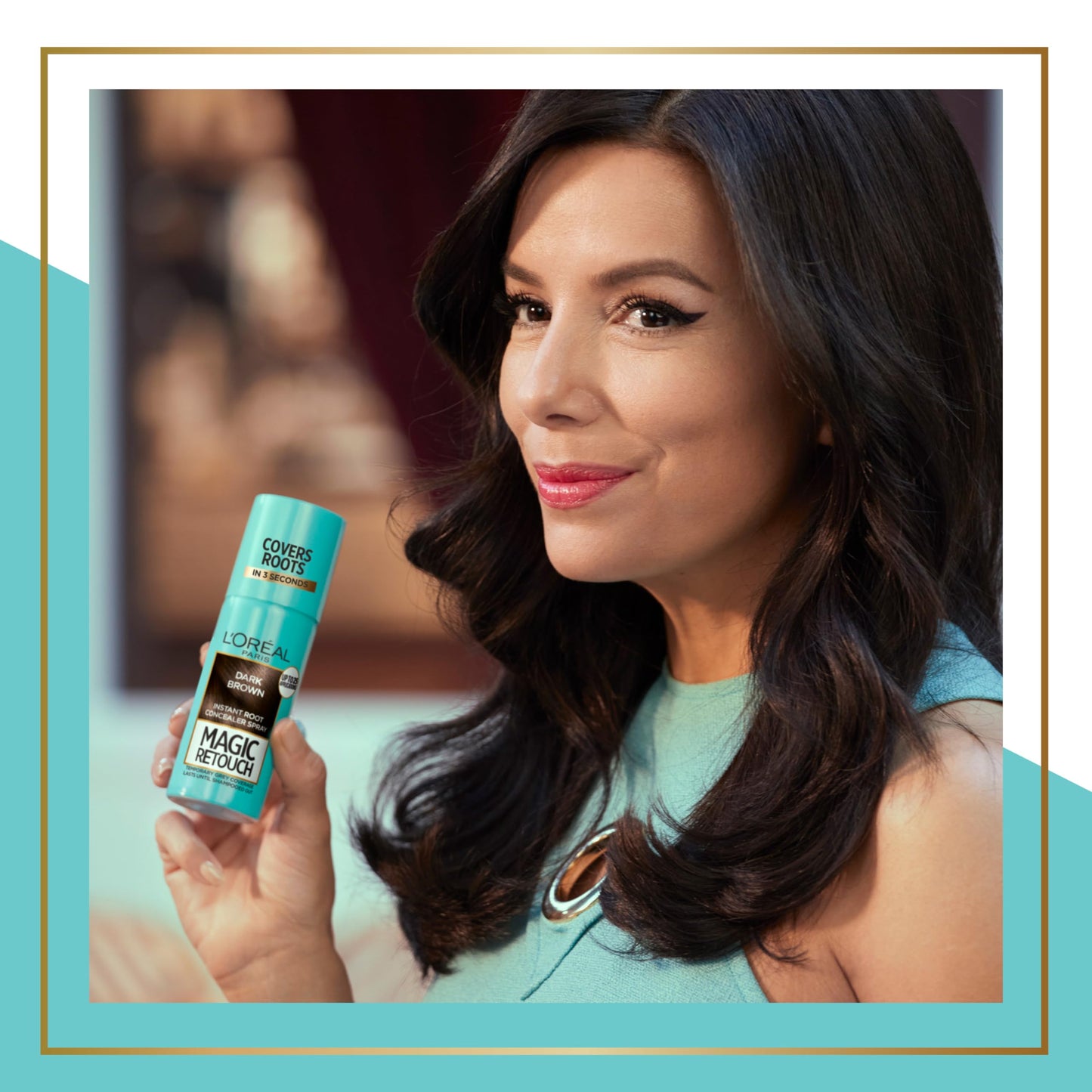 Spray retoca raízes L'Oreal mostrando mulher segurando o produto e exibindo cabelos saudáveis