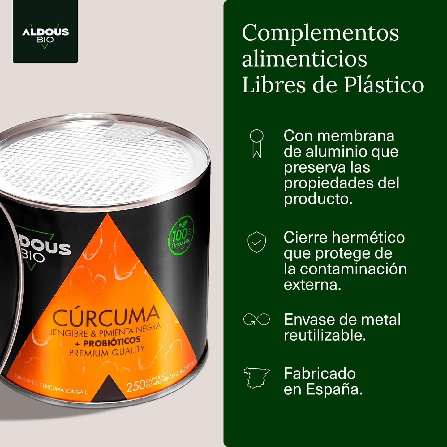 250 Cápsulas de PROBIÓTICOS + BIO Cúrcuma com Jengibre e Pimienta Negra, suplemento natural cúrcuma jengibre Aldous Labs