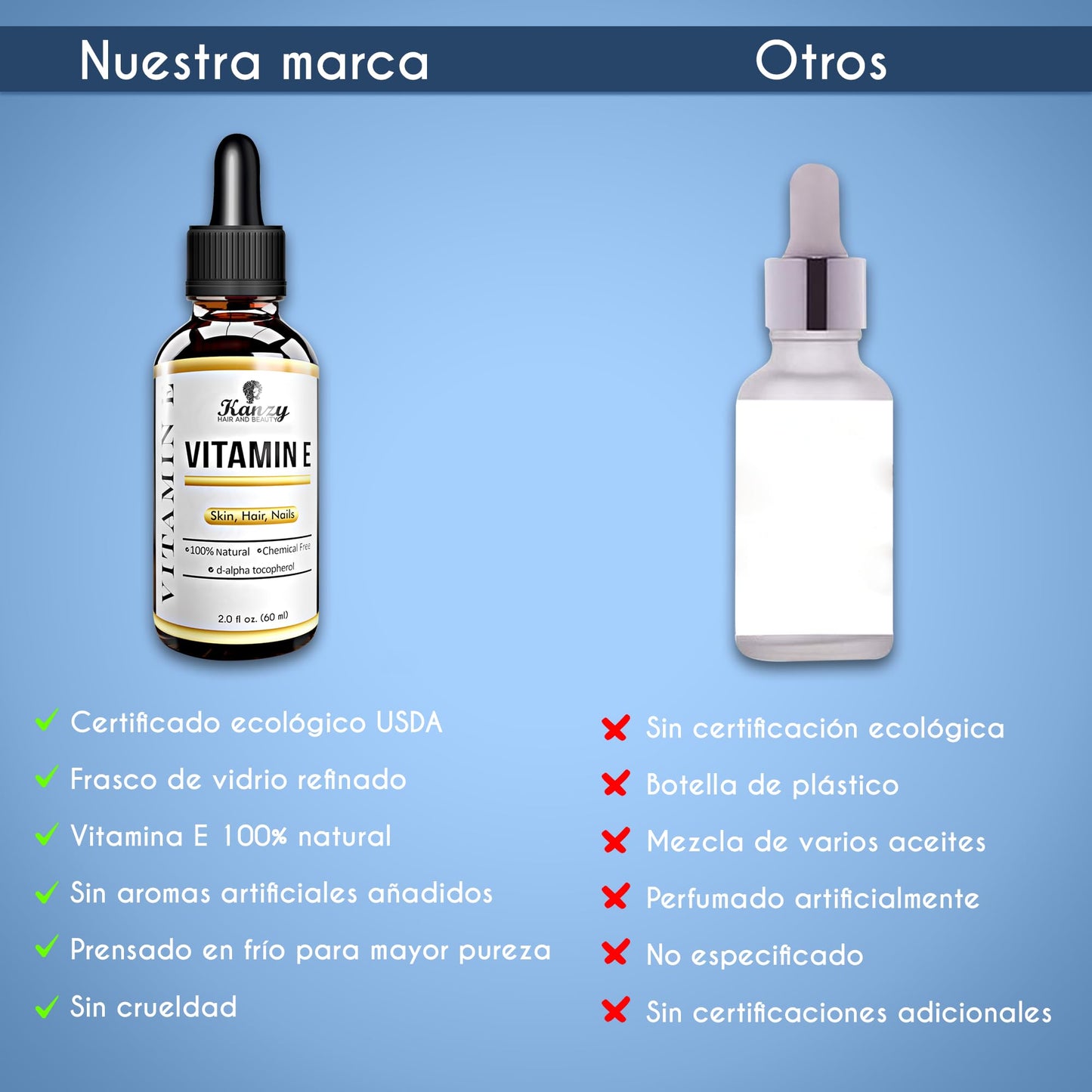 Óleo líquido de vitamina E Kanzy 60 ml 100% natural para cuidados faciais e cabelos à base de plantas